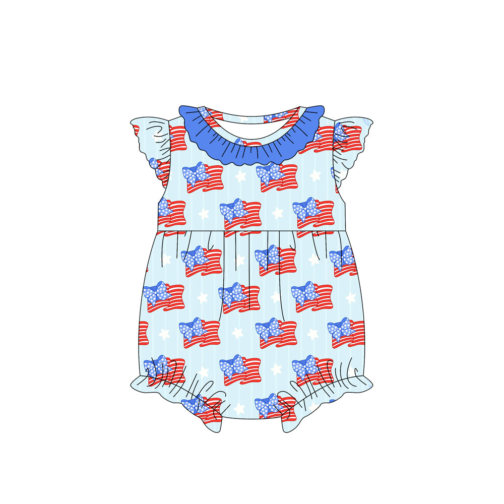 Baby Girls Aqua Flutter Sleeves Bow Flags Stars 4th Of July Romper Preorder