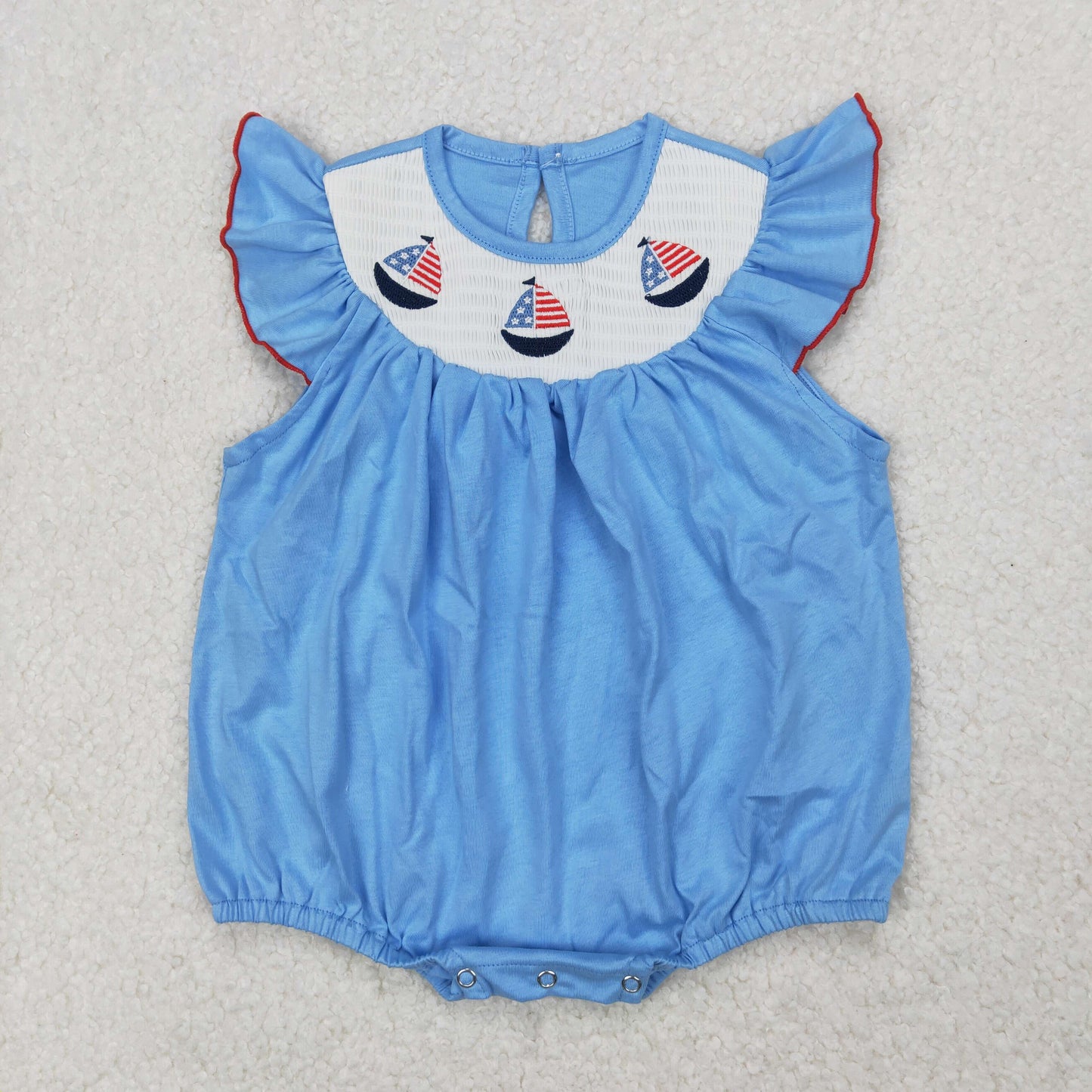 Baby Girls Blue Flutter Sleeves Flag Boats 4th Of July Smocked Romper