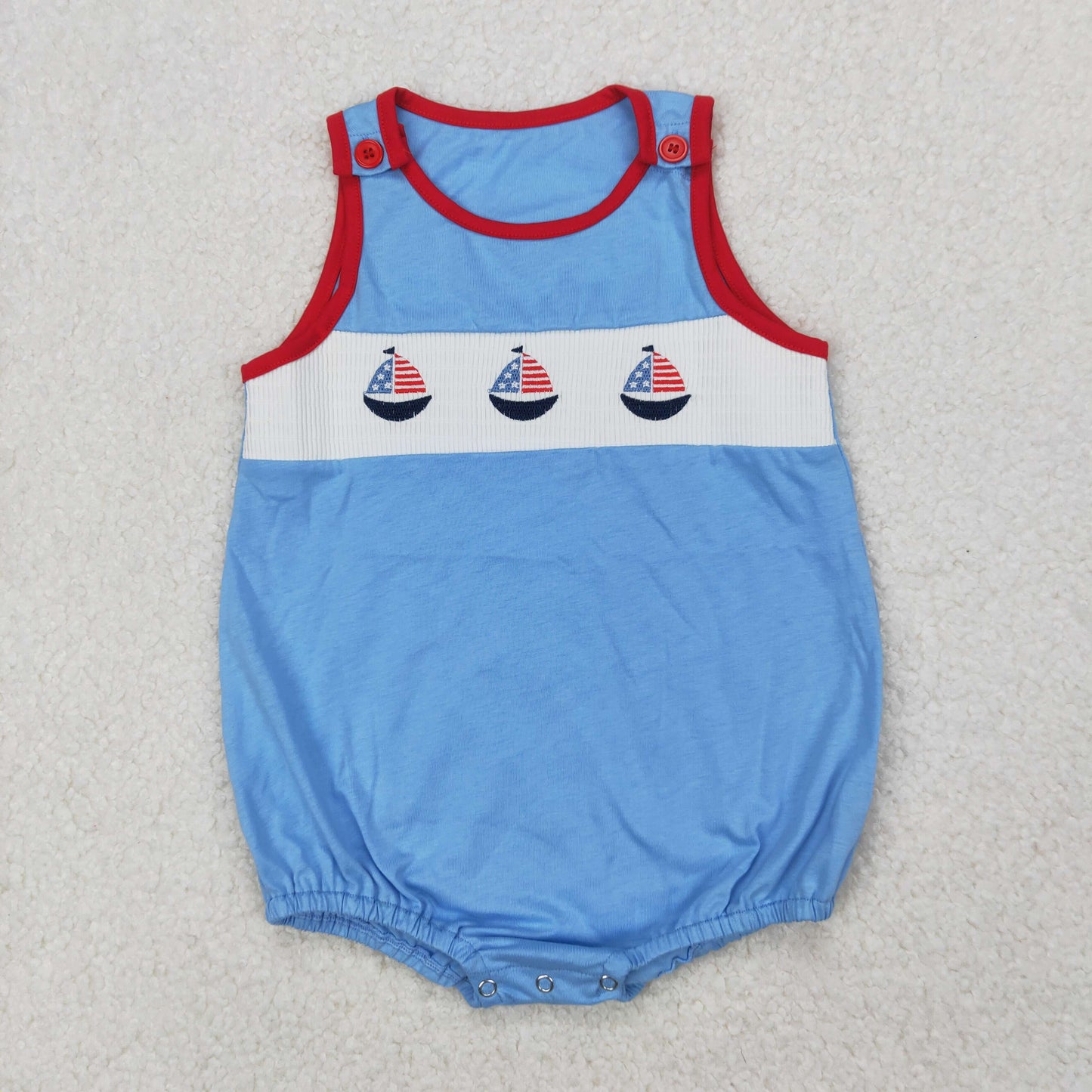 Baby Boys Blue Sleeveless Flag Boats 4th Of July Smocked Romper