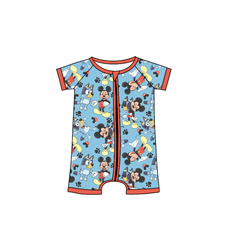Baby Boys Blue Short Sleeves Cratoon Mouse Zipper Romper Preorder