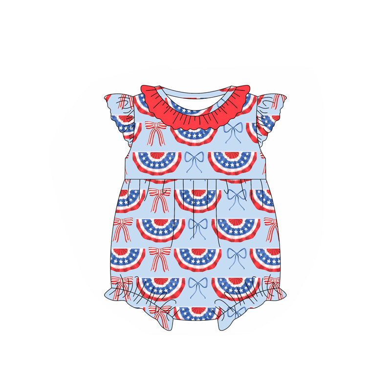 Baby Girls Red Blue Flutter Sleeves Res Bows 4th Of July Romper Preorder