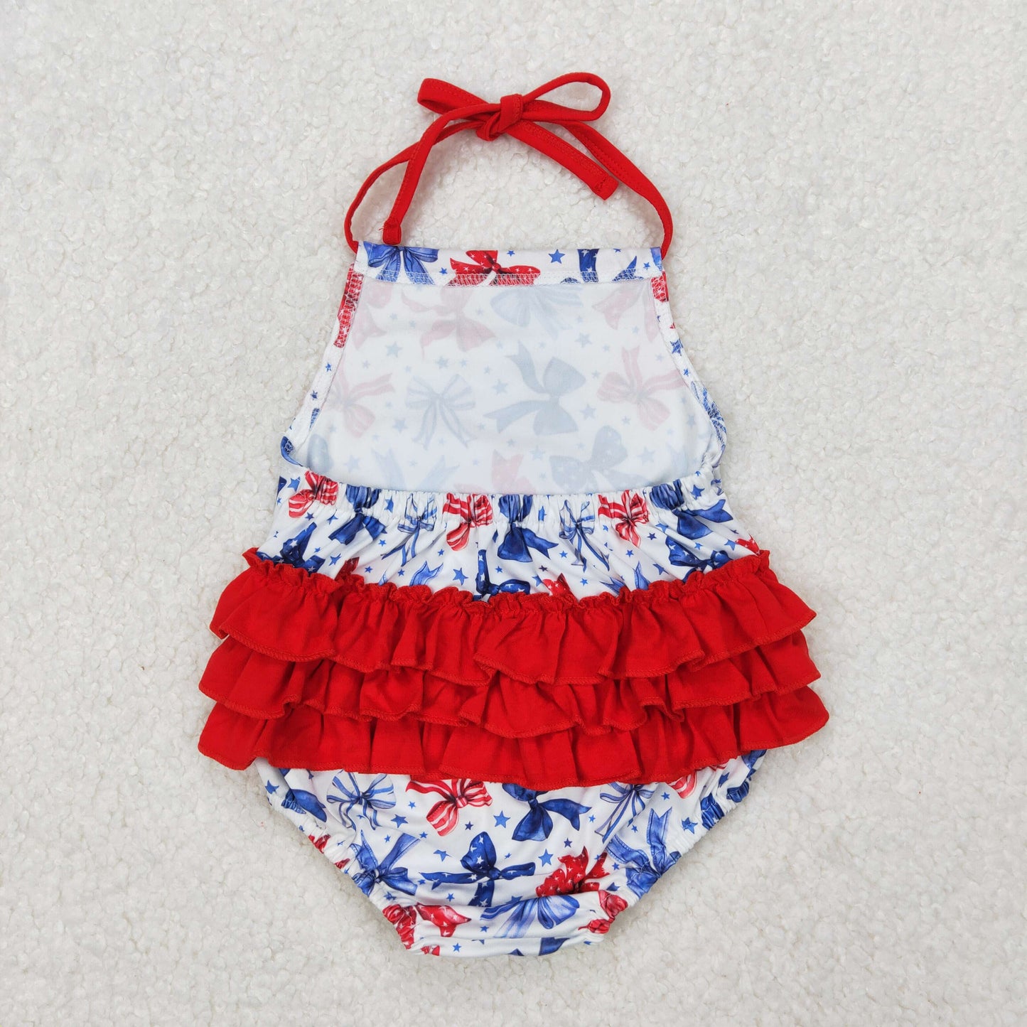 Baby Girls Red Strap Blue Bows Backless Bunny 4th Of July Rompers