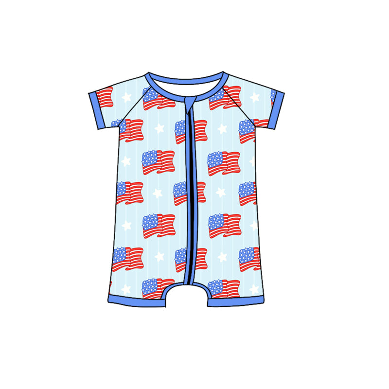 Baby Boys Blue Short Sleeves Flags Zipper 4th Of July Rompers Preorder
