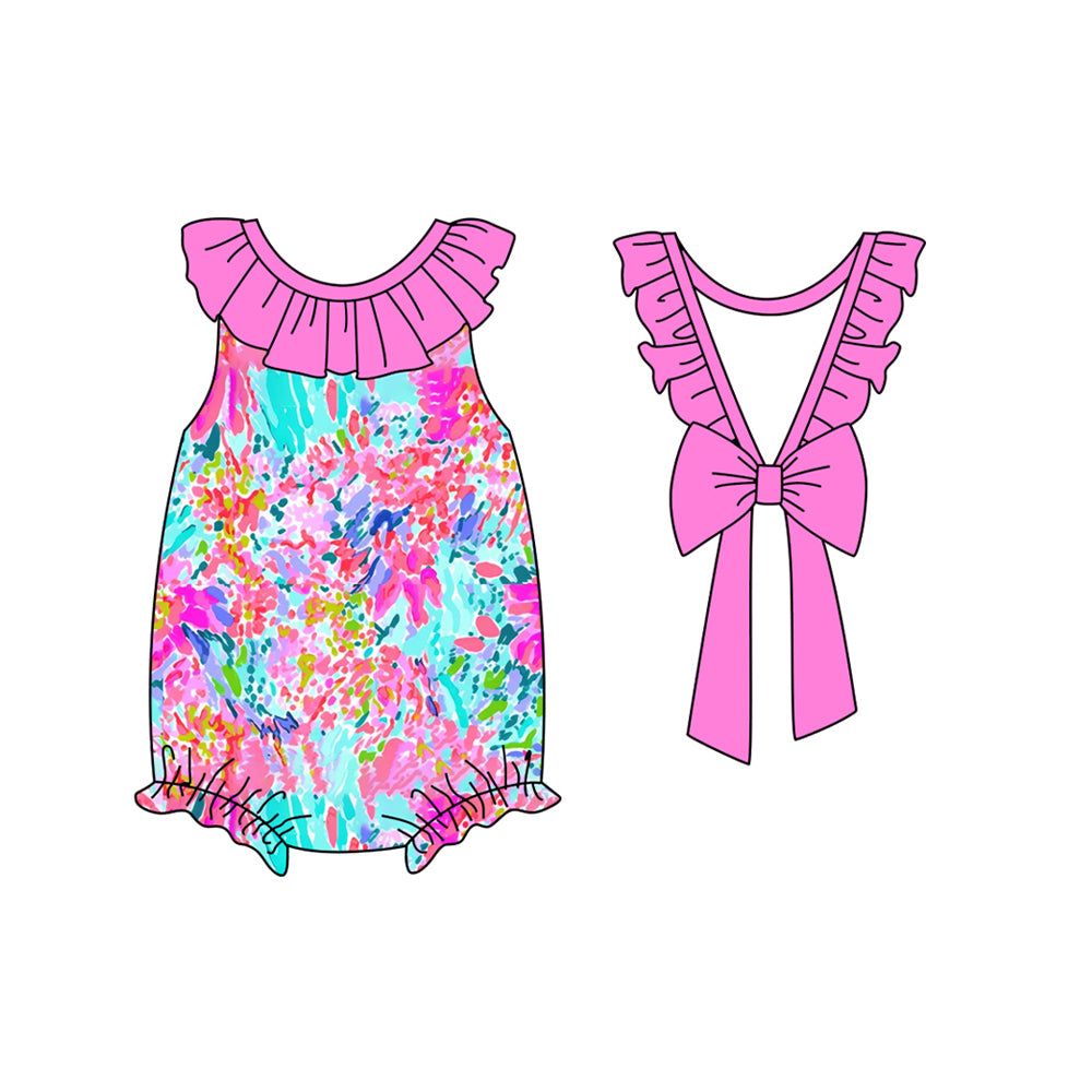 Baby Girls Hot Pink Sleeveless Watercolor Floral Backless Bows Rompers Preorder