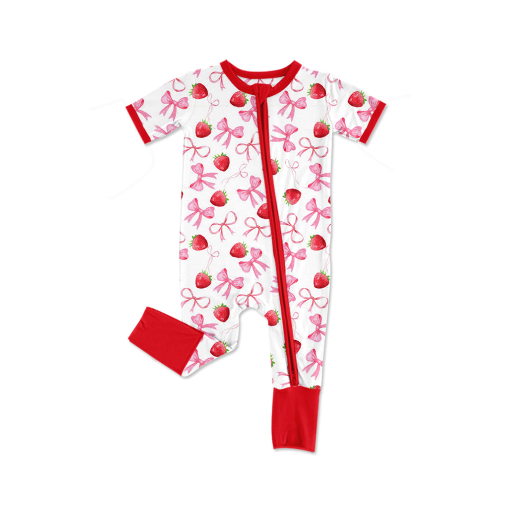 Baby Girls Red Short Sleeves Bows Strawberry Valentines Zipper Rompers Preorder