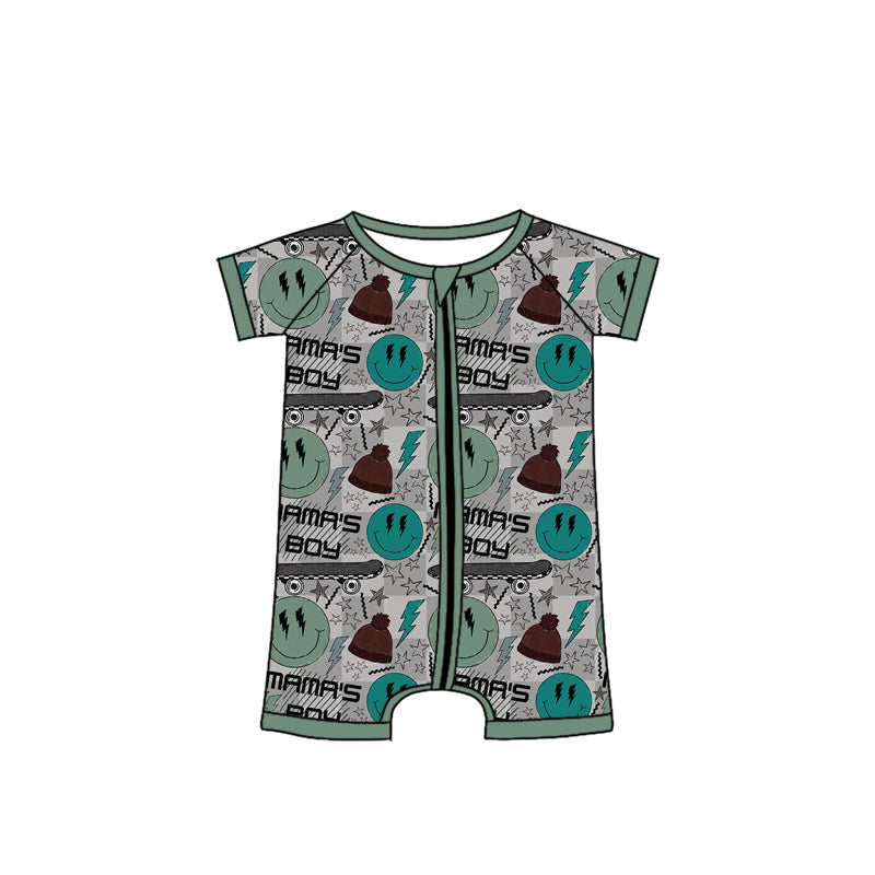 Baby Boys Olive Short Sleeves Smiles Mamas Boy Zipper Rompers Preorder