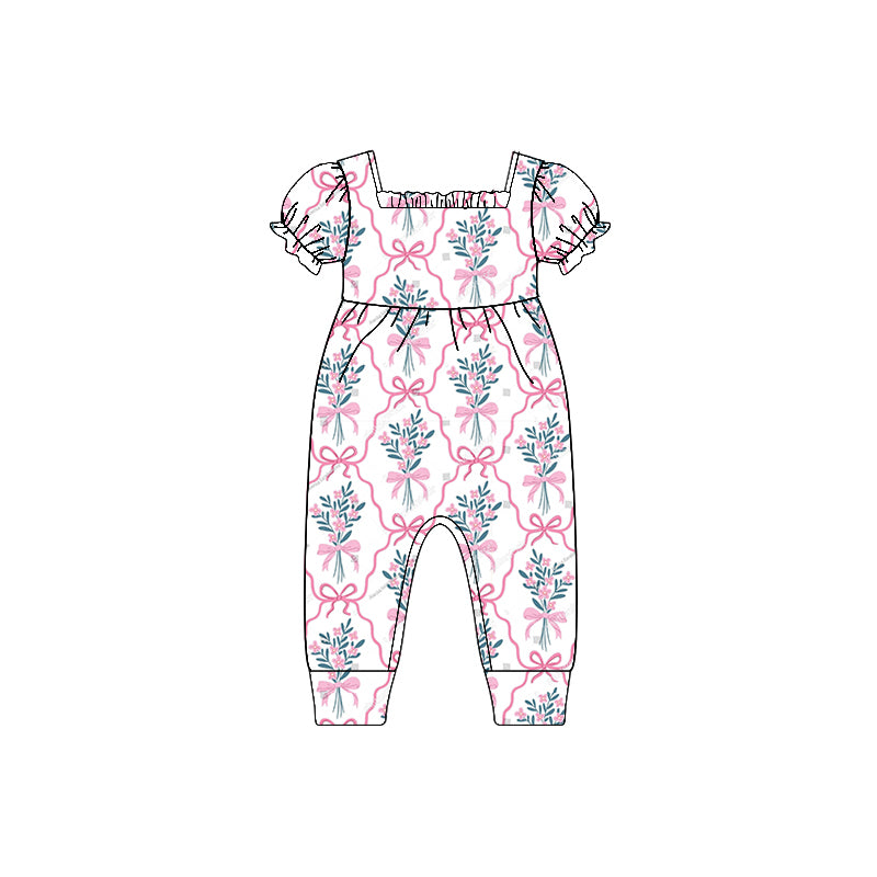Baby Girls Pink Short Ruffle Sleeves Cow Print Bows Valentines Rompers Preorder