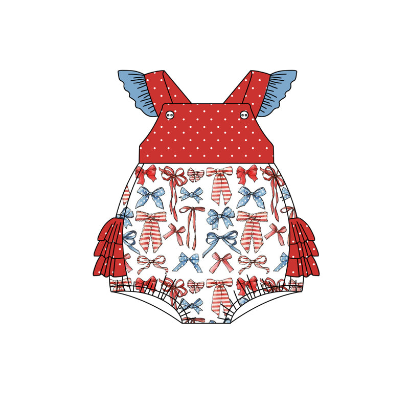 Baby Girls Red Polka Dots Strap Blue Bows 4th Of July Rompers Preorder