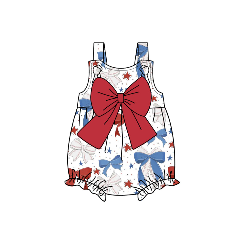 Baby Girls Strap Blue Red Bows 4th Of July Rompers Preorder