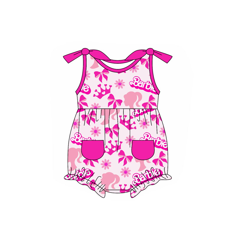 Baby Girls Hot Pink Bows Strap Bows Pockets Rompers Preorder