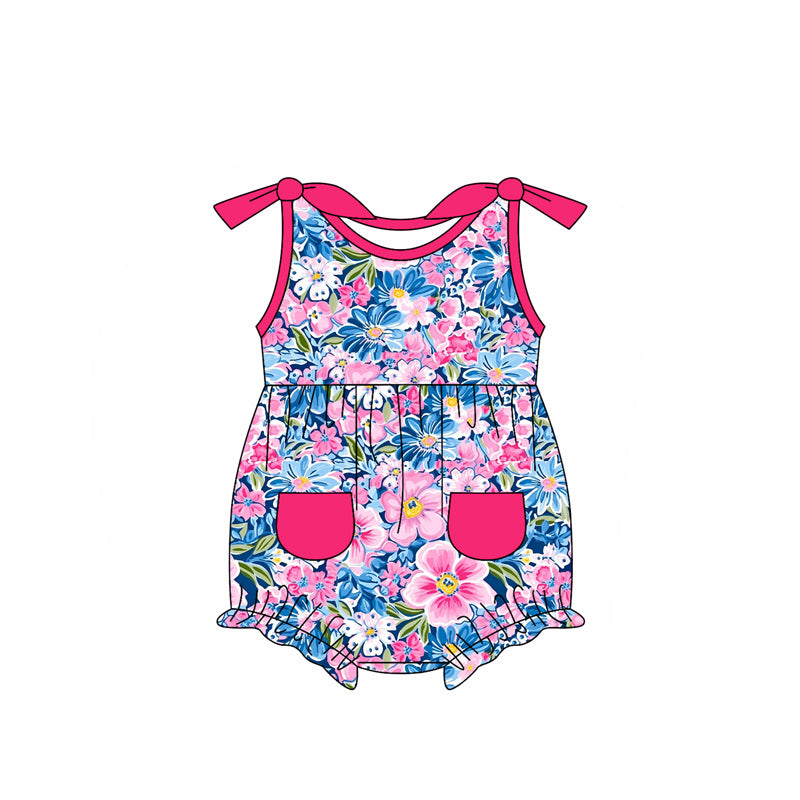 Baby Girls Hot Pink Bows Strap Floral Pockets Rompers Preorder