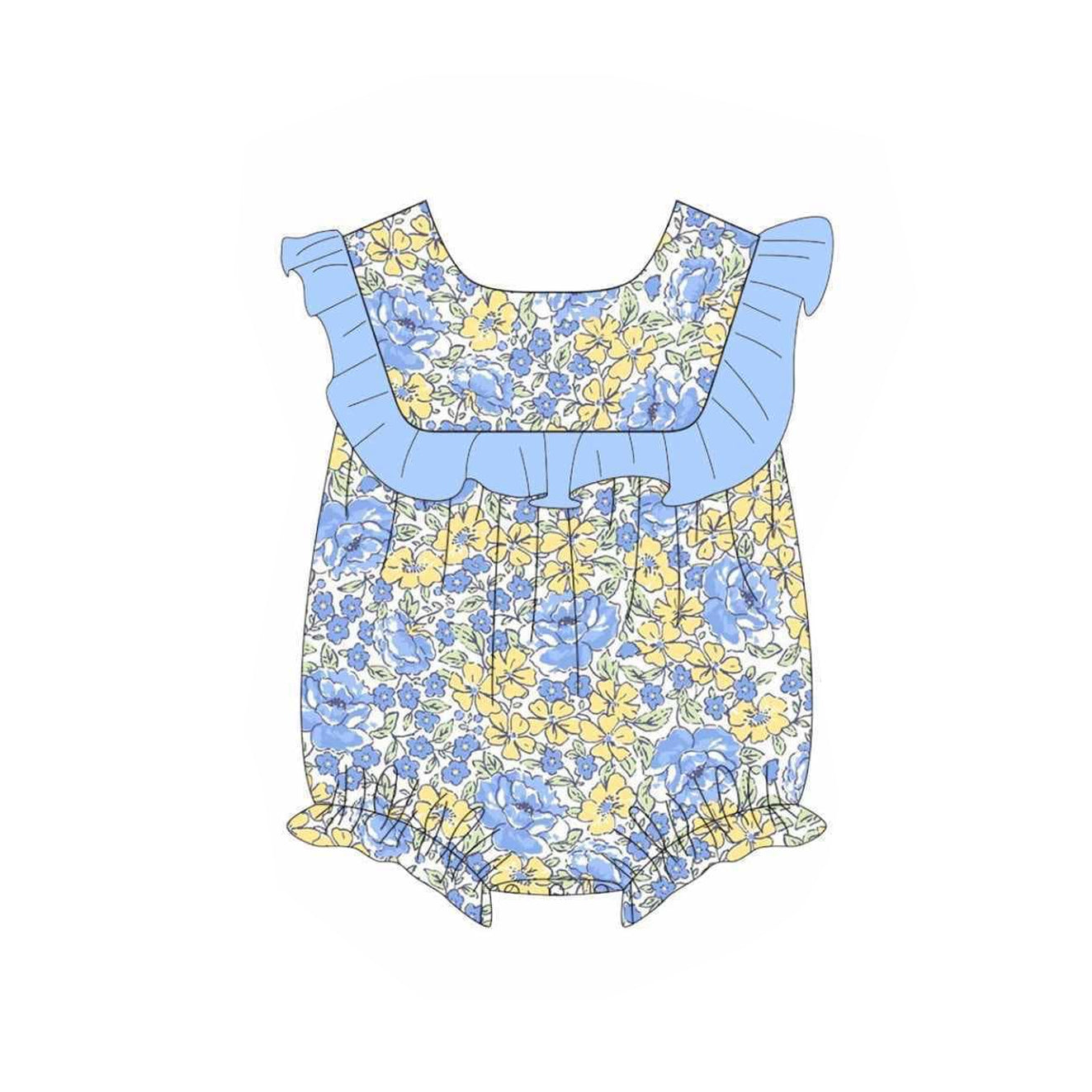 Baby Girls Blue Ruffle Sleeveless Floral Print Rompers Preorder