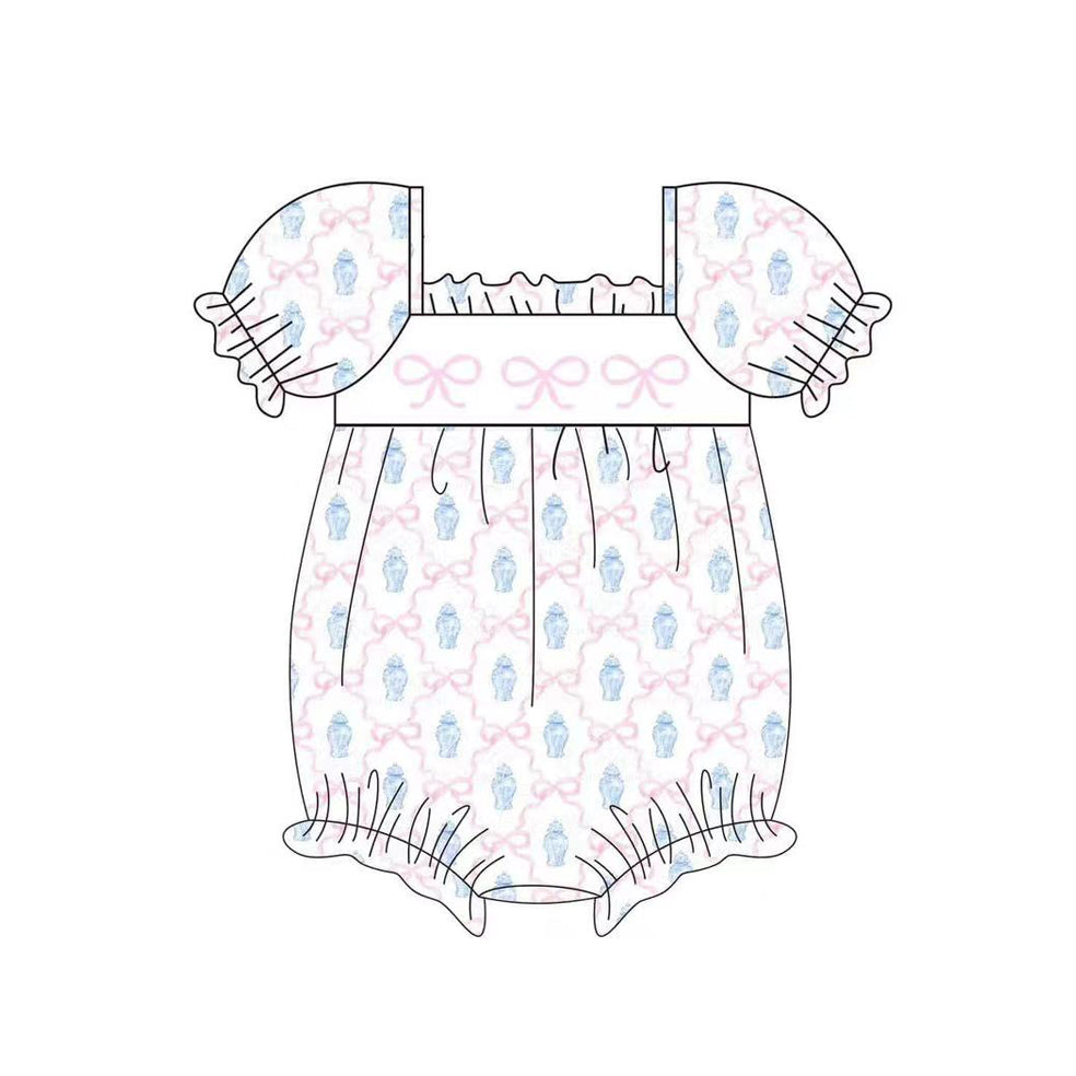 Baby Girls Short Ruffle Sleeves Pink Bows Floral Valentines Rompers Preorder