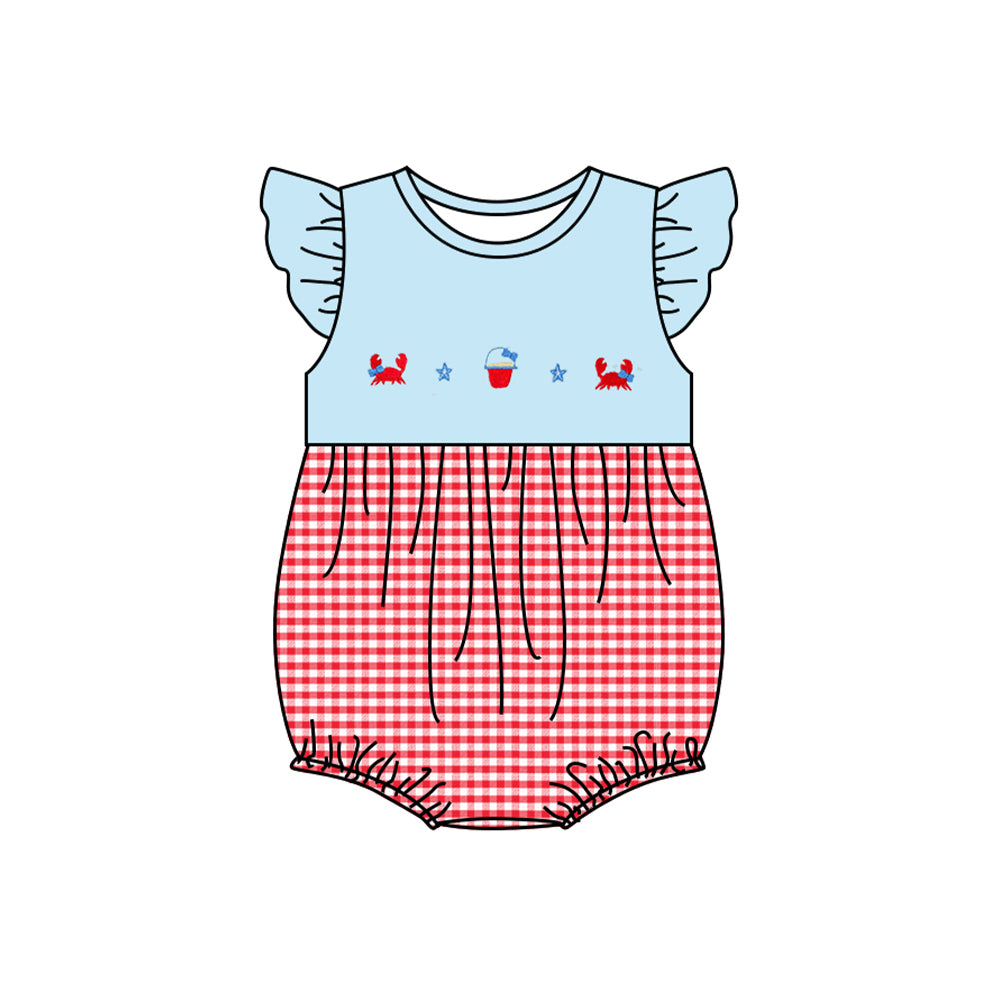 Baby Girls Blue Flutter Sleeves Crabs Starfishes Red Plaid Rompers Preorder