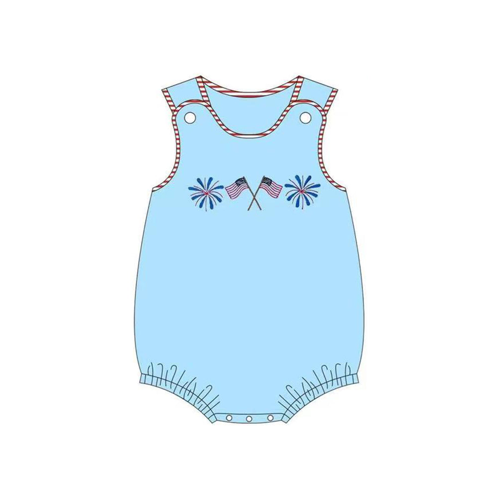 Baby Boys Blue Sleeveless Firework Flags 4th Of July Rompers Preorder