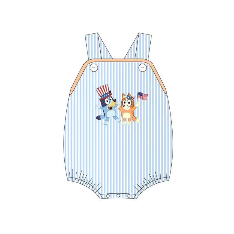 Baby Boys Blue Stripe Strap Cartoon Dogs Flags 4th Of July Rompers Preorder