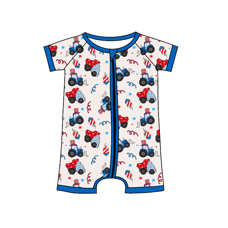 Baby Boys Blue Short Sleeves Trucks Stars 4th Of July Zipper Rompers Preorder