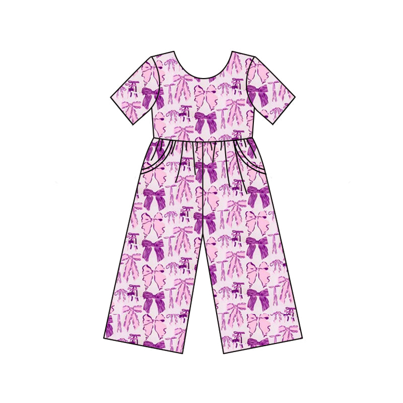Baby Girls Purple Short Sleeves Bows Pockets Valentines Jumpsuits Preorder