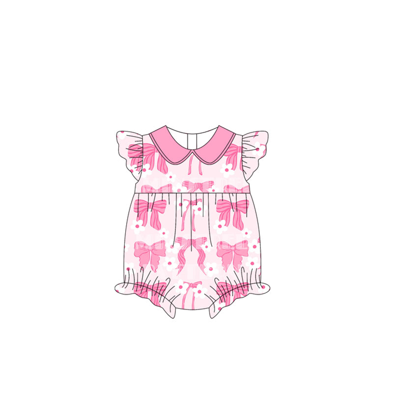 Baby Girls Pink Flutter Sleeves Bows Floral Valentines Rompers Preorder