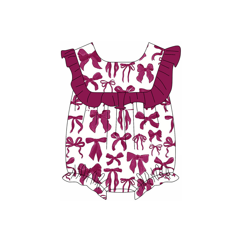 Baby Girls Dark Pink Ruffle Sleeveless Bows Valentines Rompers Preorder