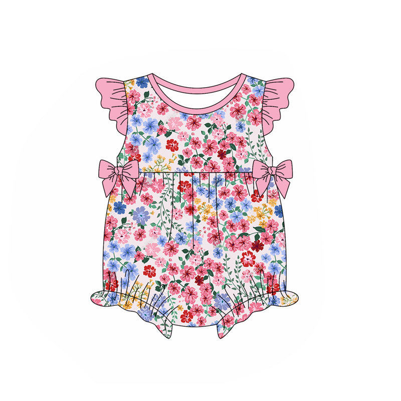 Baby Girls Pink Flutter Sleeves Bows Floral Valentines Rompers Preorder