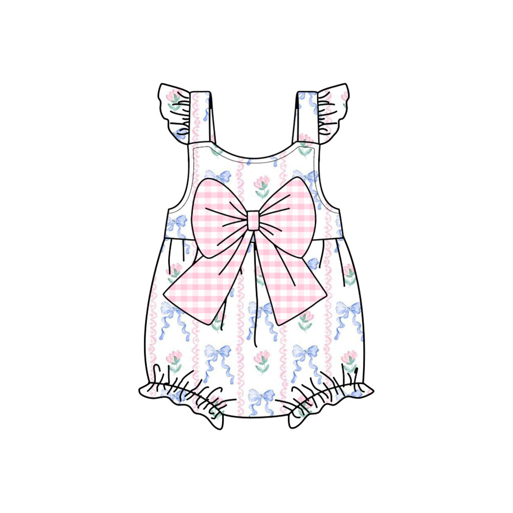 Baby Girls Flutter Sleeves Bows Floral Stripe Valentines Rompers Preorder