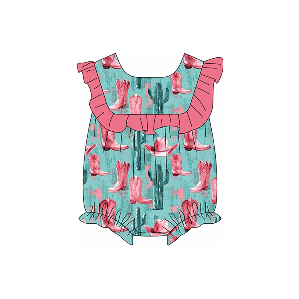 Baby Girls Hot Pink Ruffle Sleeveless Cactus Boots Rompers Preorder