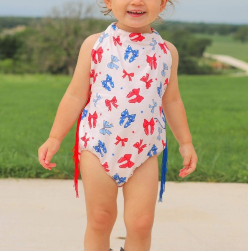 Baby Girls Straps Red Blue Bows 4th Of July Tassel Rompers Preorder
