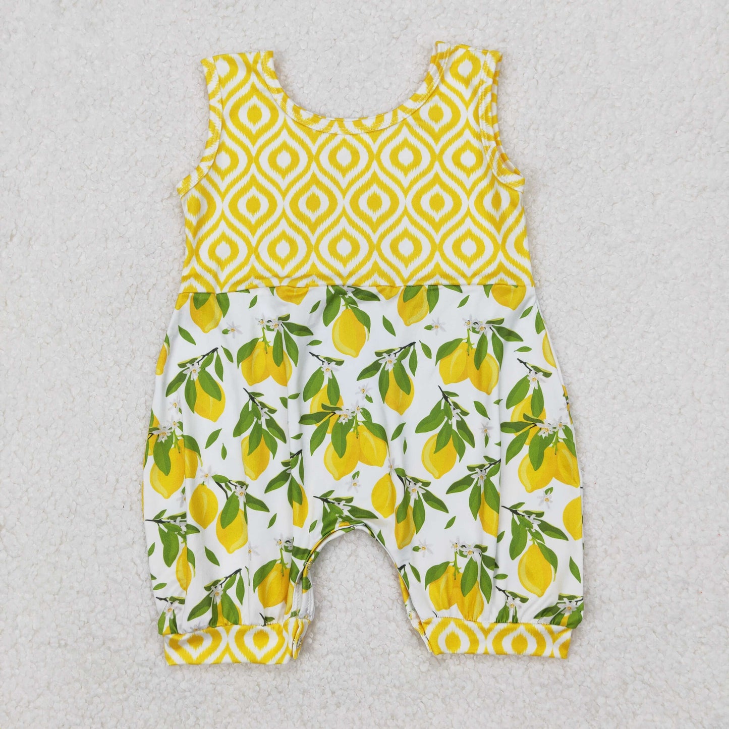 Baby Girls Yellow Sleeveless Lemons Aztec Print Rompers