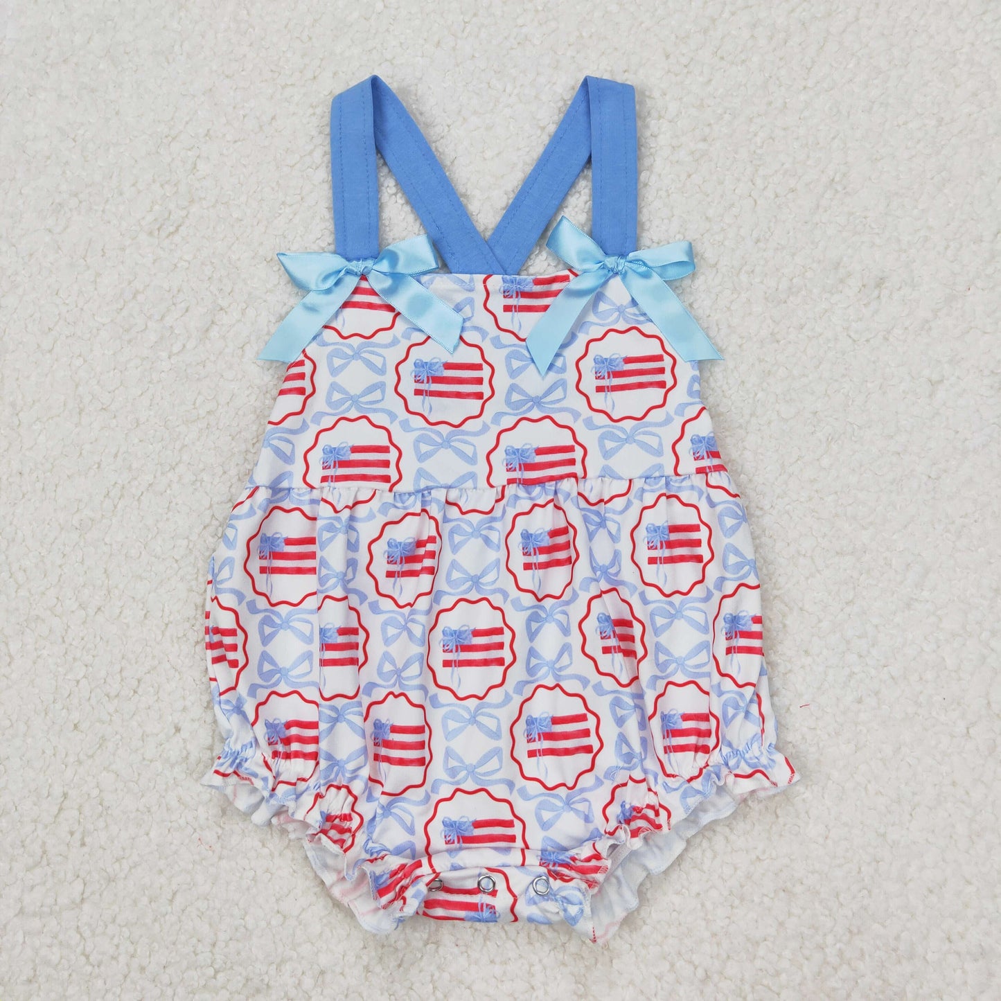 Sibling Baby Girls Blue Bows Flag Rompers Outfits Sets