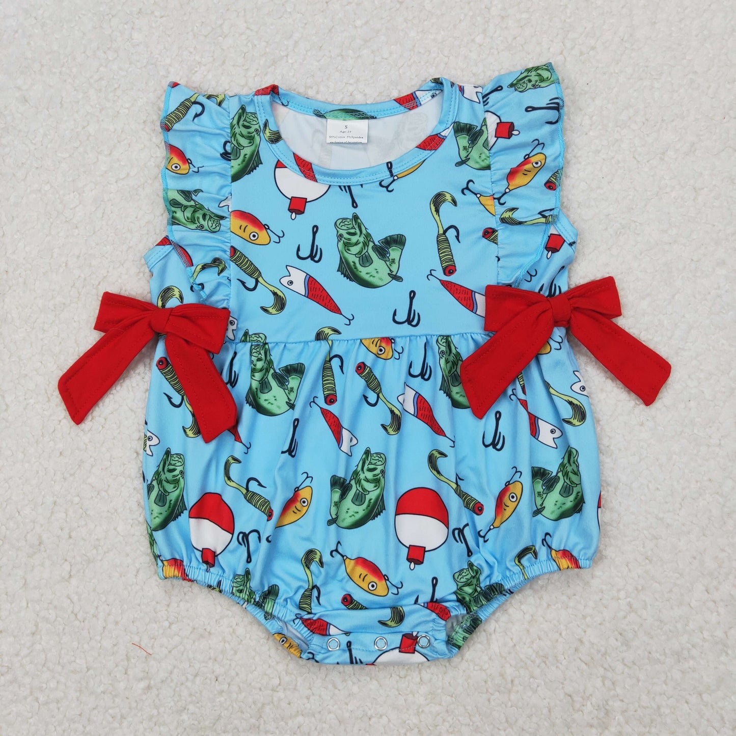 Baby Girls Blue Sleeveless Red Bows Top Fishes Hunting Rompers