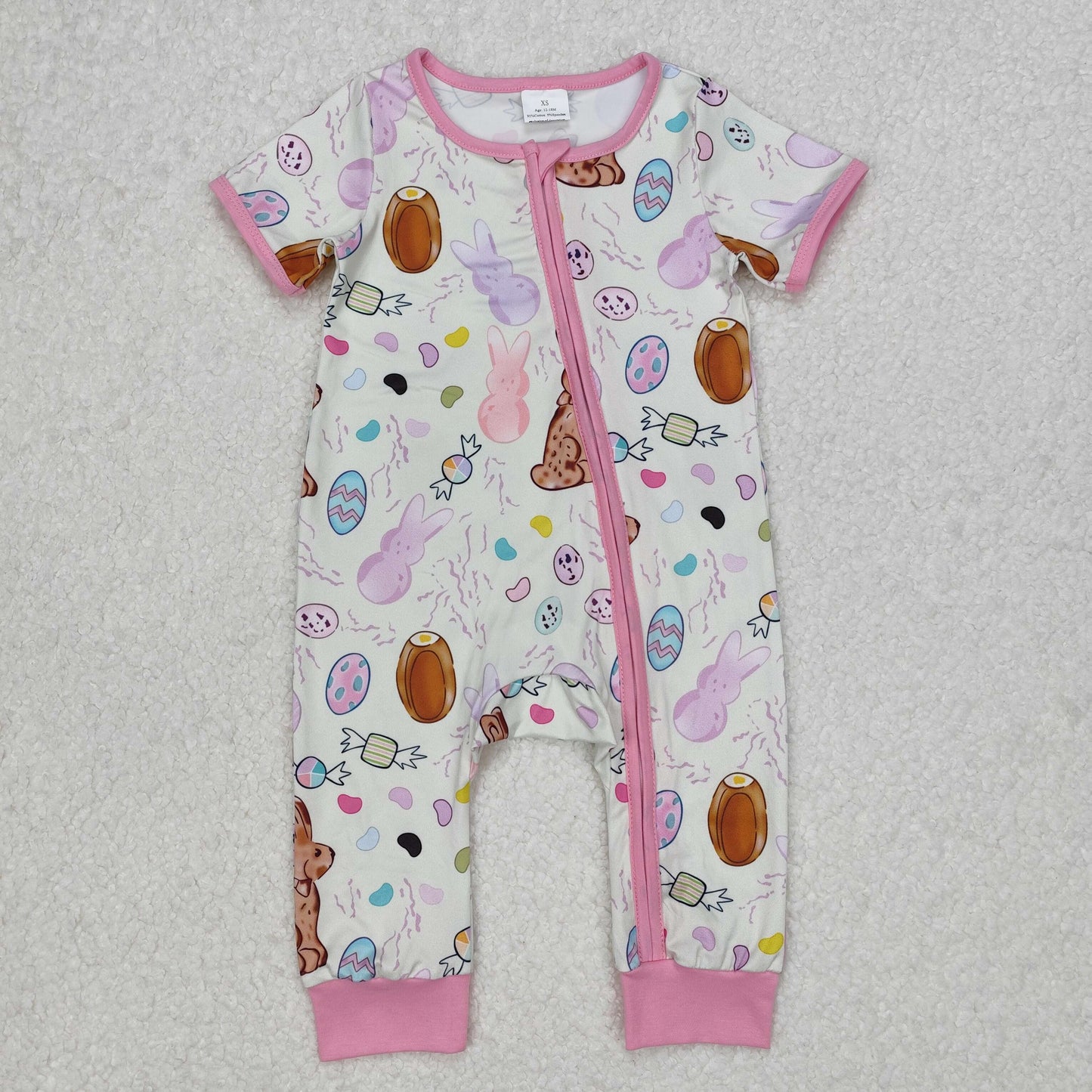 Baby Girls Pink Short Sleeves Bunny Eggs Easter Zipper Rompers