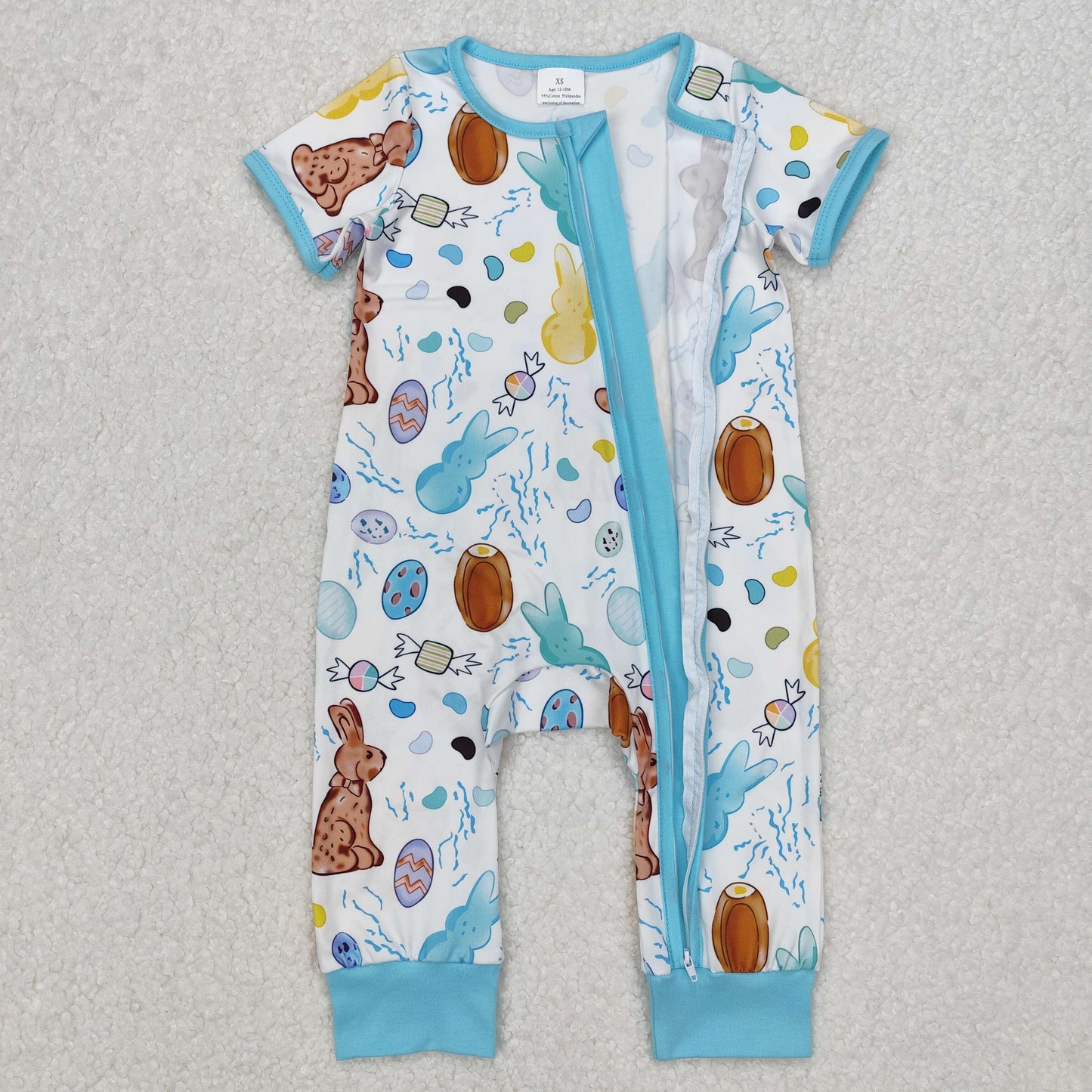 Baby Girls Blue Short Sleeves Bunny Eggs Easter Zipper Rompers