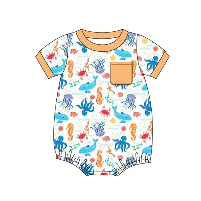 Baby Boys Short Sleeves Orange Pockets Sea World Rompers Preorder