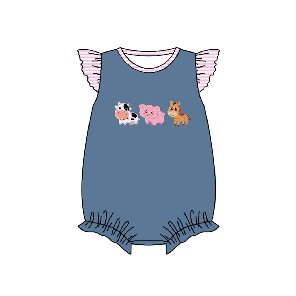 Baby Girls Pink Stripe Flutter Sleeves Cow Pigs Navy Farm Rompers Preorder