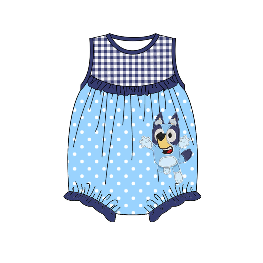 Baby Girls Blue Sleeveless Plaid Polka Dots Cartoon Dogs Rompers Preorder