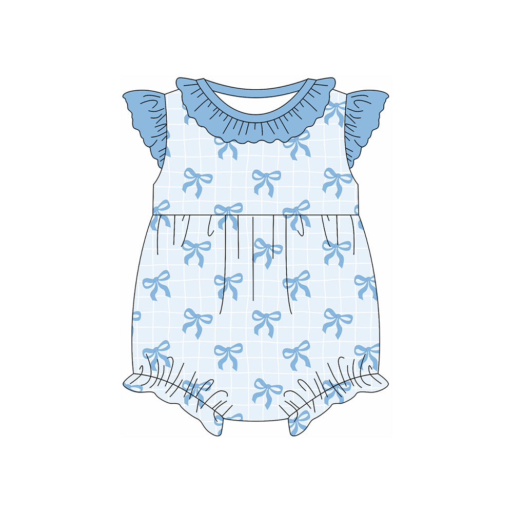 Baby Girls Blue Plaid Flutter Sleeves Bows Rompers Preorder