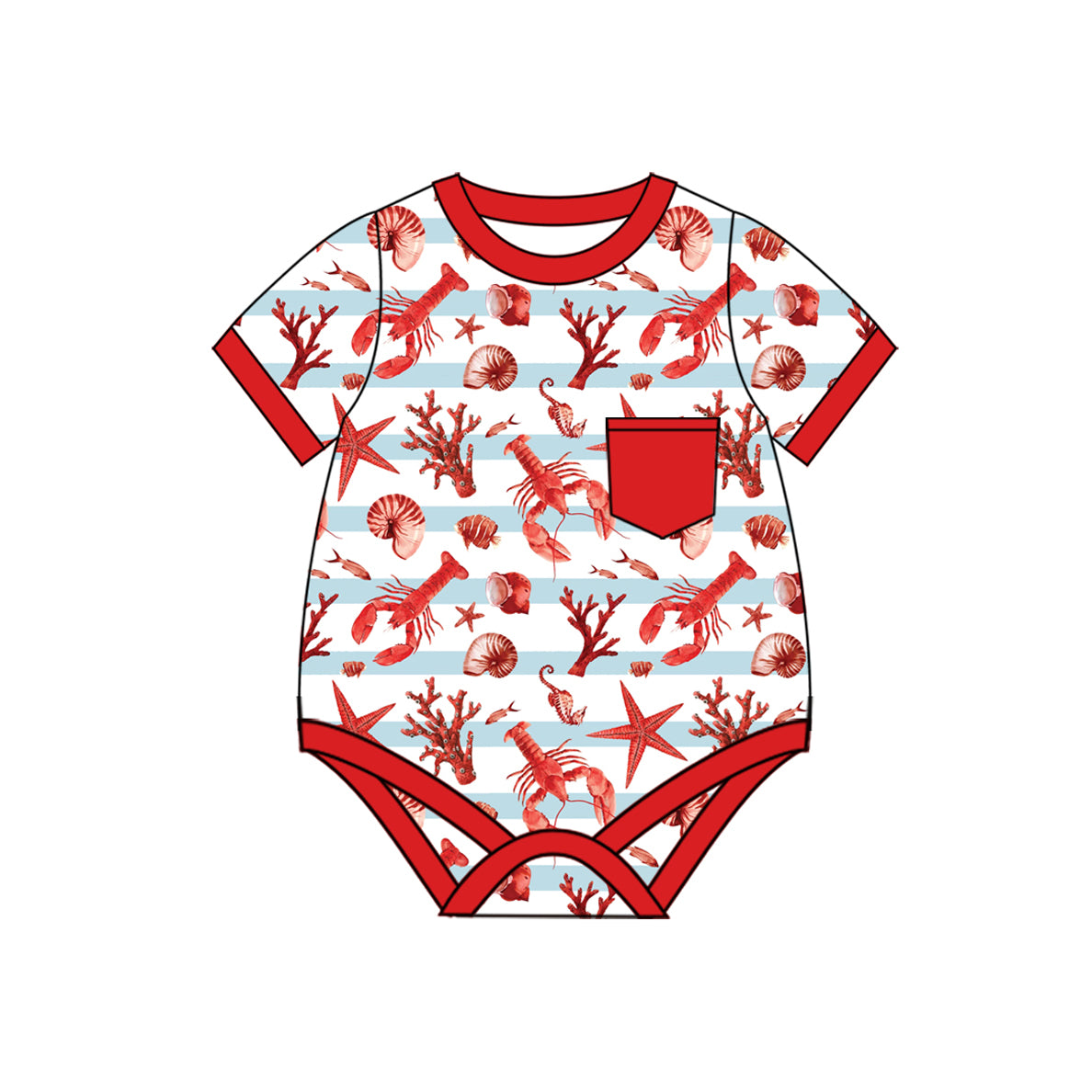 Baby Boys Red Short Sleeves Crayfishes Pocket Top Rompers Preorder