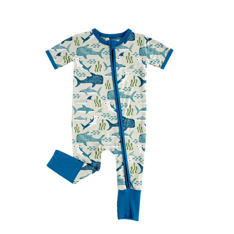 Baby Boys Hot Blue Short Sleeves Sharks Zipper Rompers Preorder
