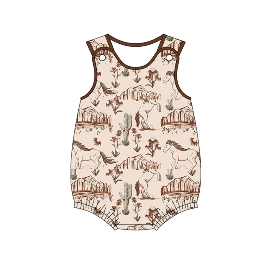 Baby Boys Brown Sleeveless Cactus Horses Western Rompers Preorder