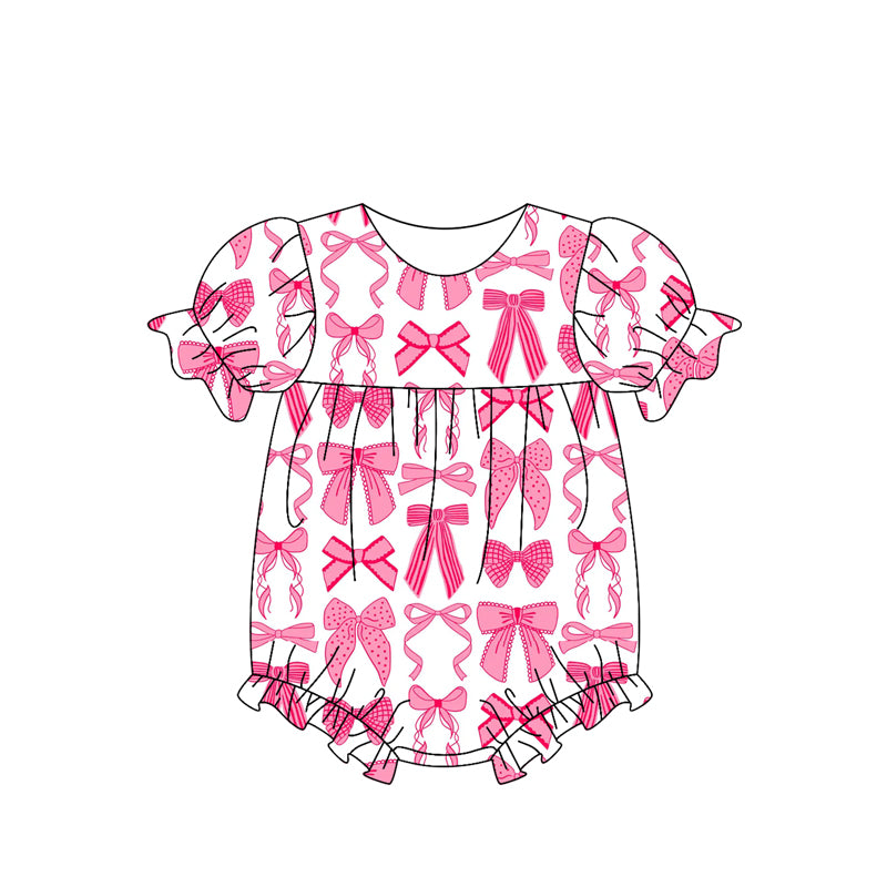 Baby Girls Short Ruffle Sleeves Hot Pink Bows Print Rompers Preorder