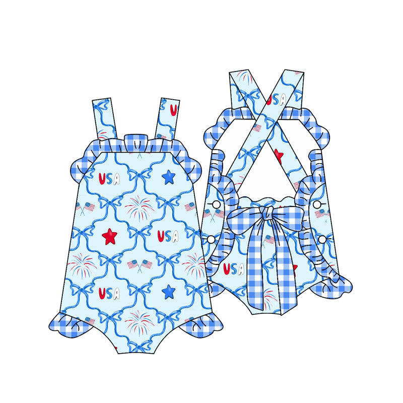 Baby Girls Blue Strap Red Stars Bows Plaid Backless Bow 4th Of July Rompers Preorder