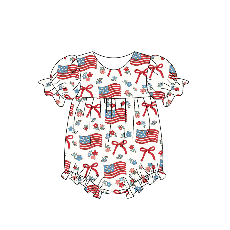Baby Girls Short Ruffle Sleeves Red Floral Flags 4th Of July Rompers Preorder