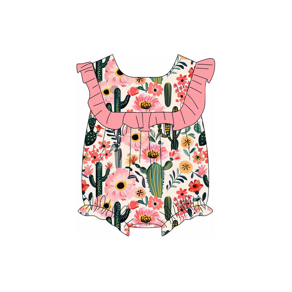 Baby Girls Pink Ruffle Sleeveless Floral Cactus Rompers Preorder