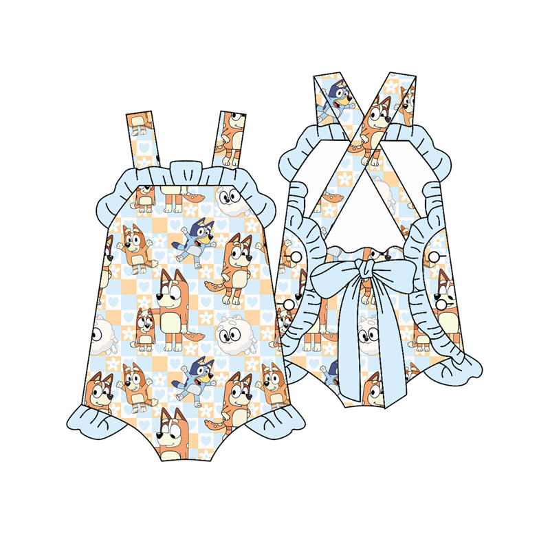 Baby Girls Plaid Strap Cartoon Dogs Flowers Rompers Preorder