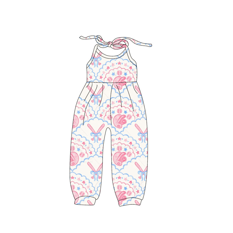Bay Girls Pink Strap Bows Baseballs Stars Jumpsuits Preorder