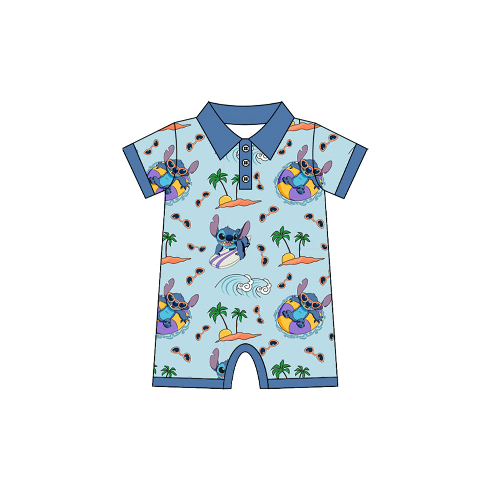 Baby Boys Hot Blue Short Sleeves Button Down Cartoon Bunny Glass Rompers Preorder