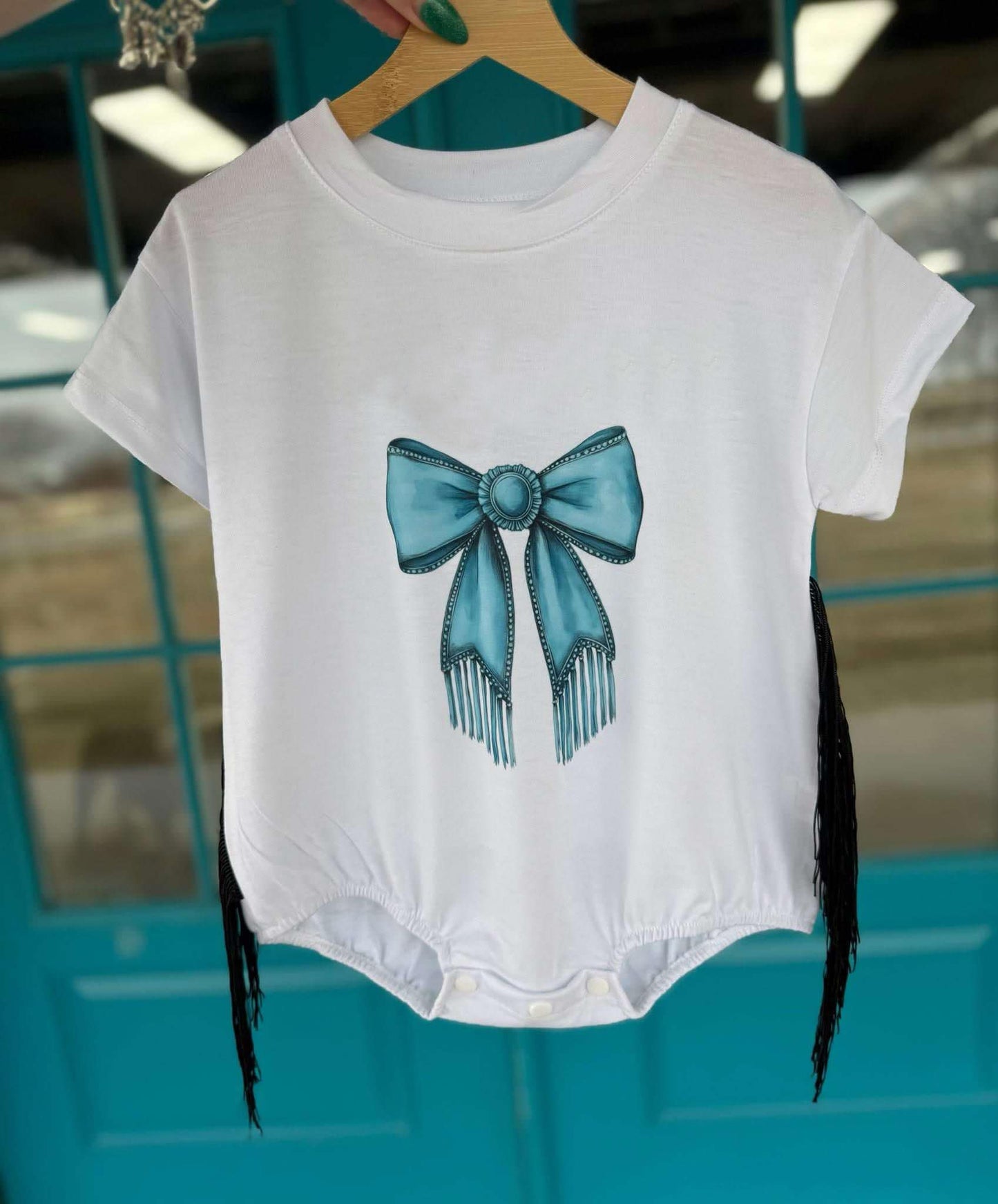 Baby Girls White Short Sleeves Turquoise Bow Western Rompers Preorder