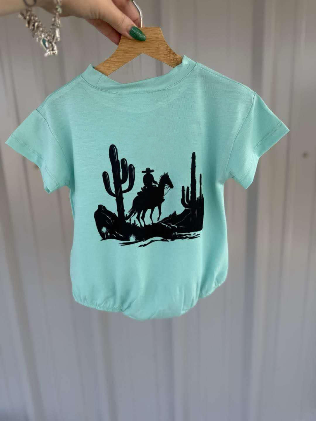 Baby Boys Aqua Short Sleeves Horse BacklessRodeo Cactus Western Rompers Preorder