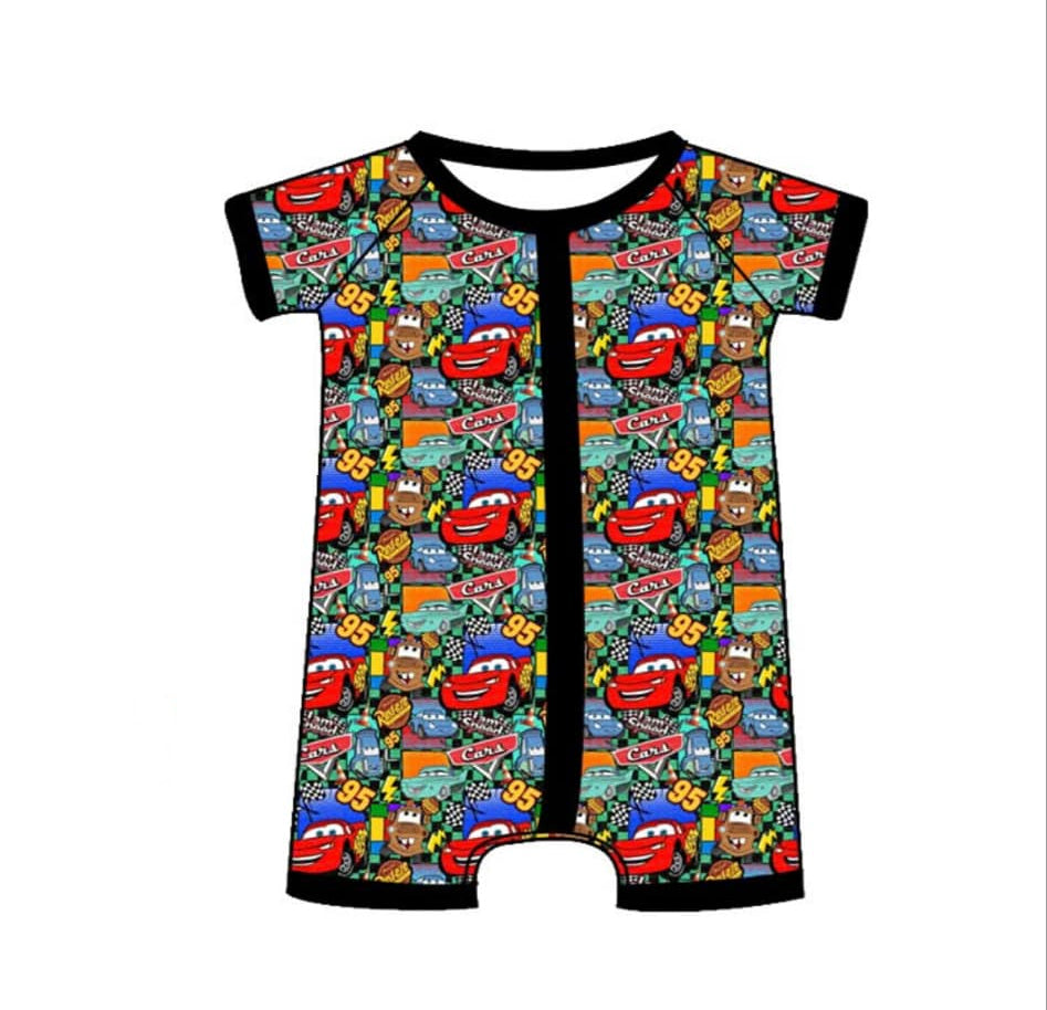 Baby Boys Black Short Sleeves Cartoon Cars Zipper Rompers Preorder